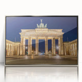 Mid-century modernist art of Berlin skyline in muted gray, acrylic print framed in silver.
