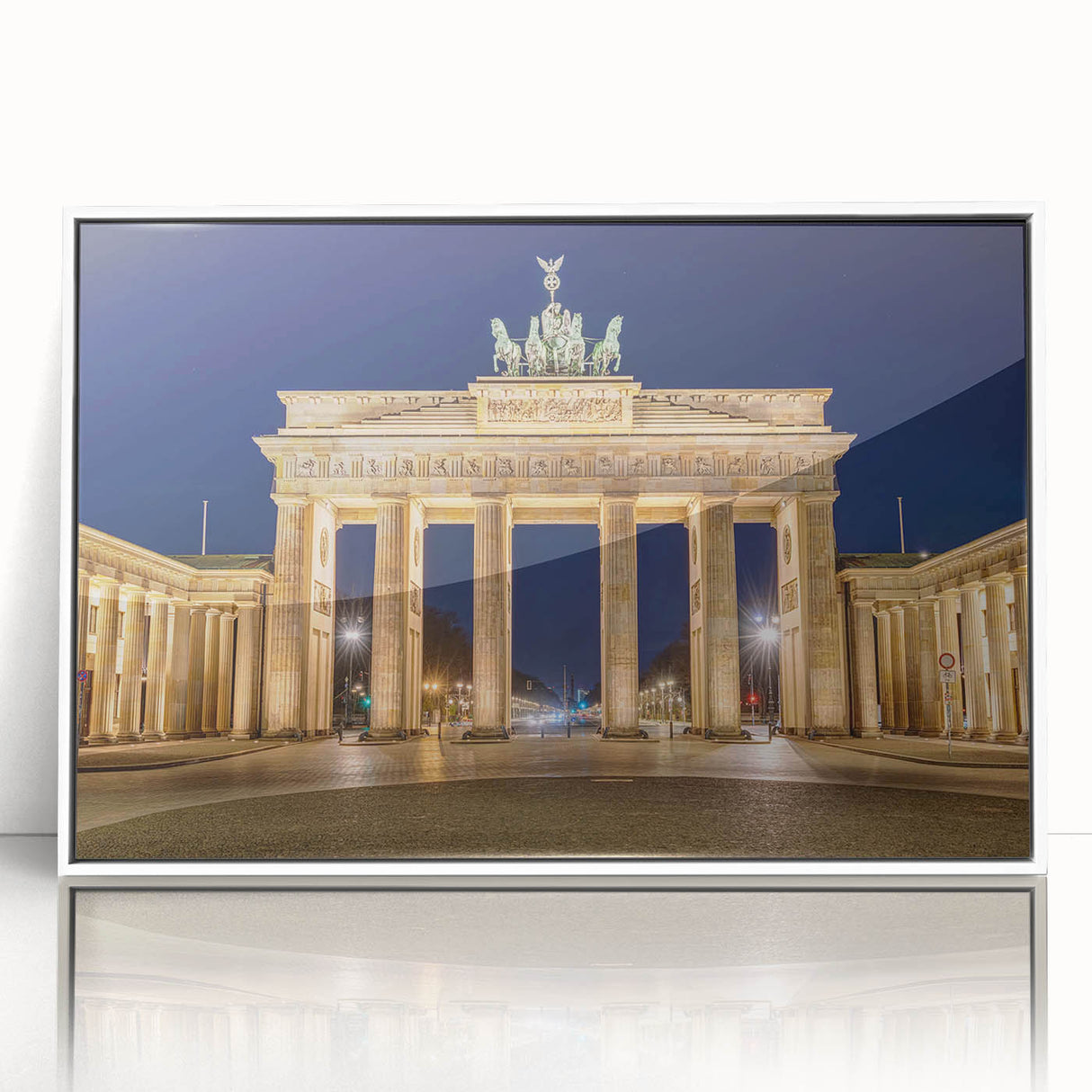 Art Deco poster of Berlin skyline in muted gray and blue tones on framed acrylic, ideal for modern art wall decor.