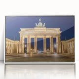 Art Deco poster of Berlin skyline in muted gray and blue tones on framed acrylic, ideal for modern art wall decor.