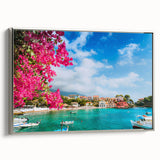 Framed canvas depicting a vintage-style landscape of Crete, Greece, featuring colorful art in muted tones.