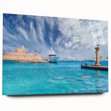 Acrylic print of a large abstract depiction of Rhodes, Greece, in muted blue and white tones.