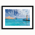 Colorful abstract art print of a European scenery, featuring vibrant hues on a textured, framed black canvas.