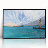 Large abstract wall art depicting a European scenery in Rhodes, Greece, in muted earth tones on framed acrylic.
