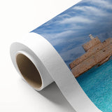 Art deco poster of Rhodes, Greece, in pastel shades on rolled canvas, ideal for nursery wall art.
