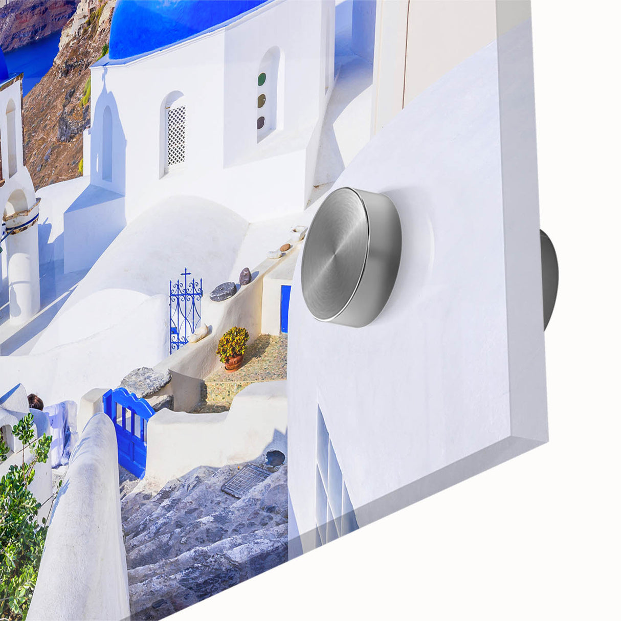 Acrylic print of Santorini landscape in muted blue and white tones.