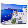 Acrylic print of Santorini landscape featuring white buildings and blue domes, ideal for dining room art.