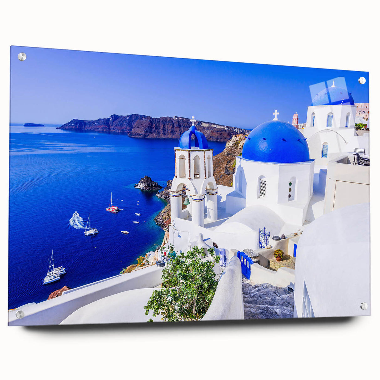 Acrylic print of Santorini landscape featuring white buildings and blue domes, ideal for dining room art.