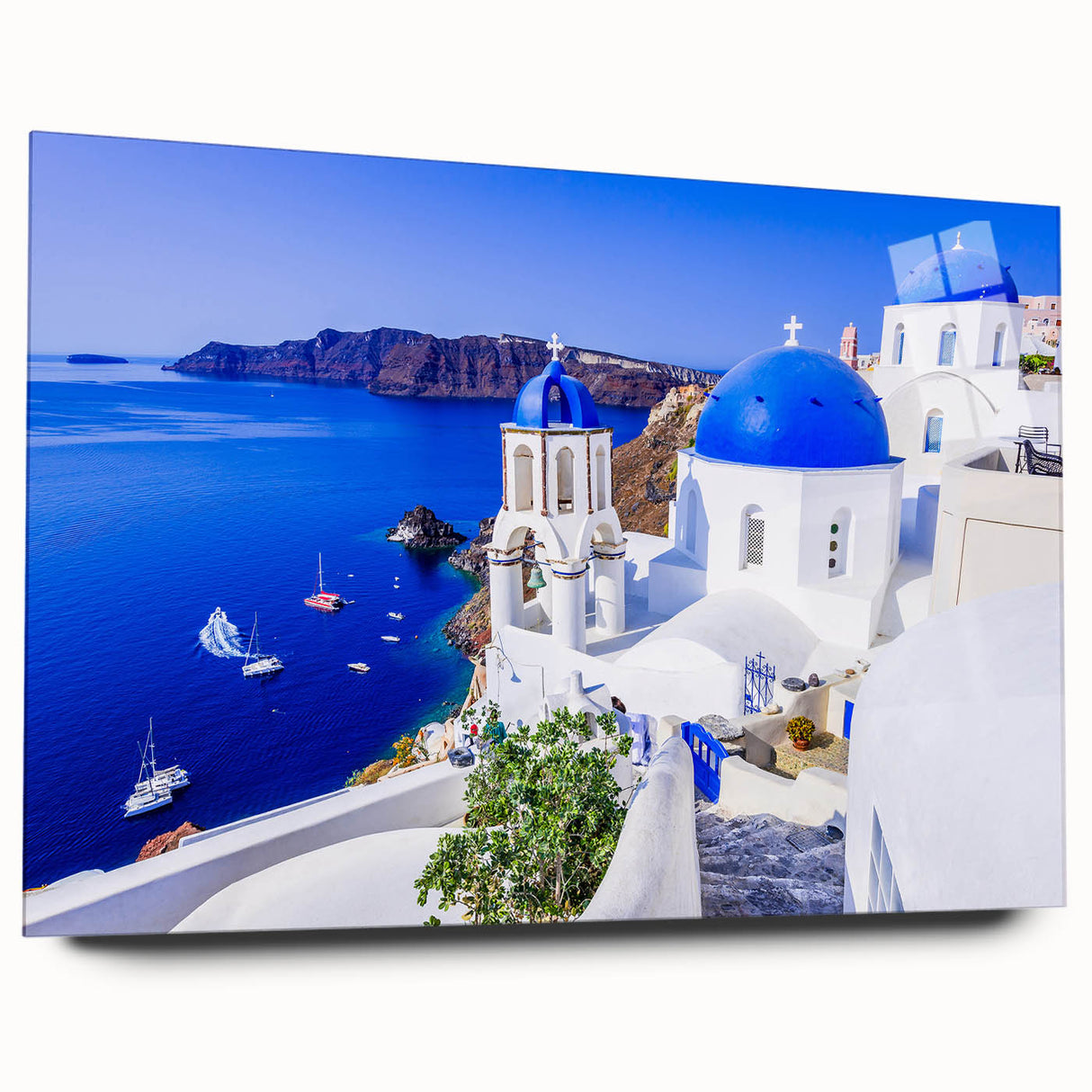 Acrylic print of Santorini scenery with white buildings and blue domes, ideal for bedroom or dining room art.
