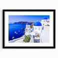 Extra large framed print of abstract Santorini scenery in vibrant blue and white, ideal for living room decor.