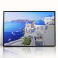 Large abstract wall art of Santorini with vibrant blue and white tones, framed in black acrylic.