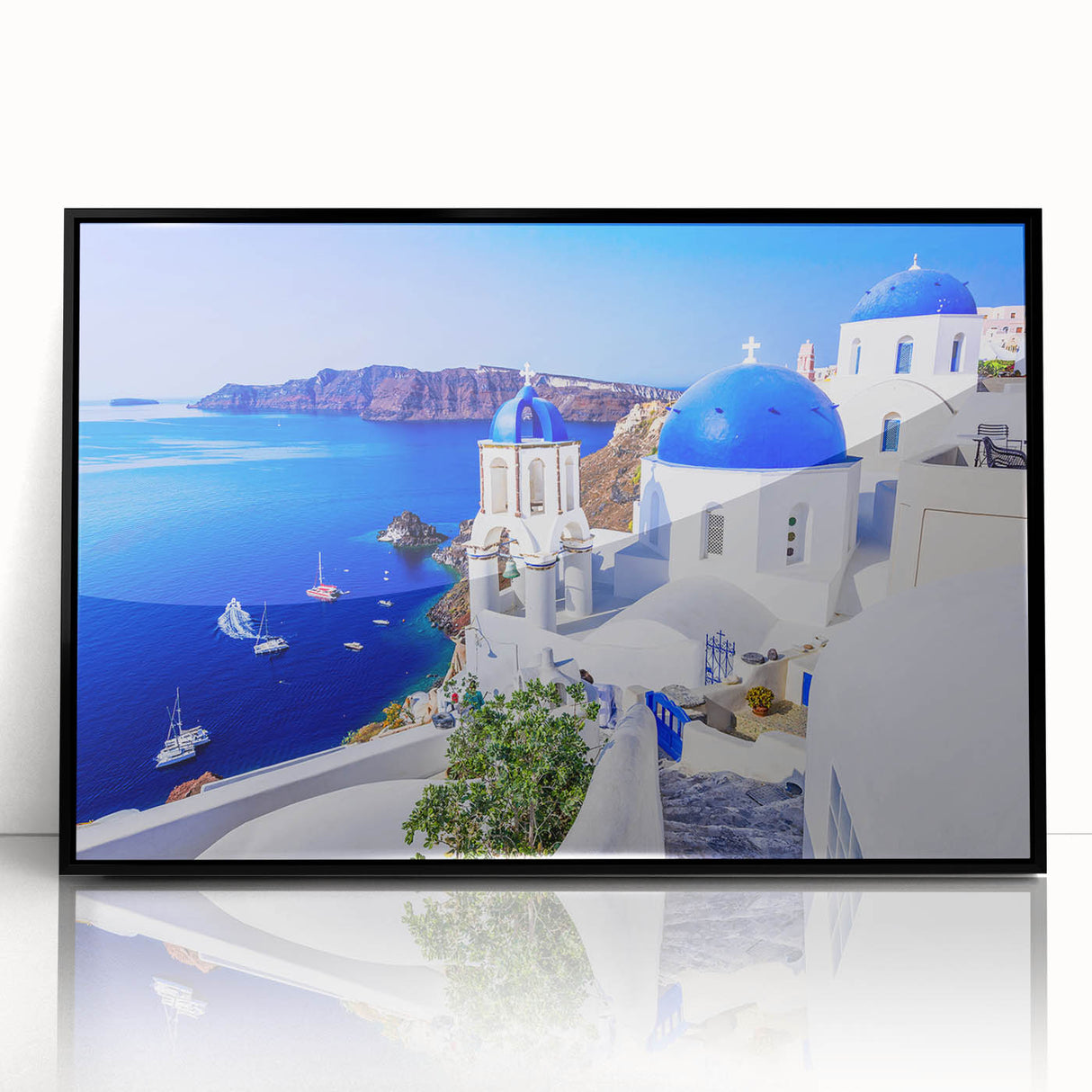 Large abstract wall art of Santorini with vibrant blue and white tones, framed in black acrylic.