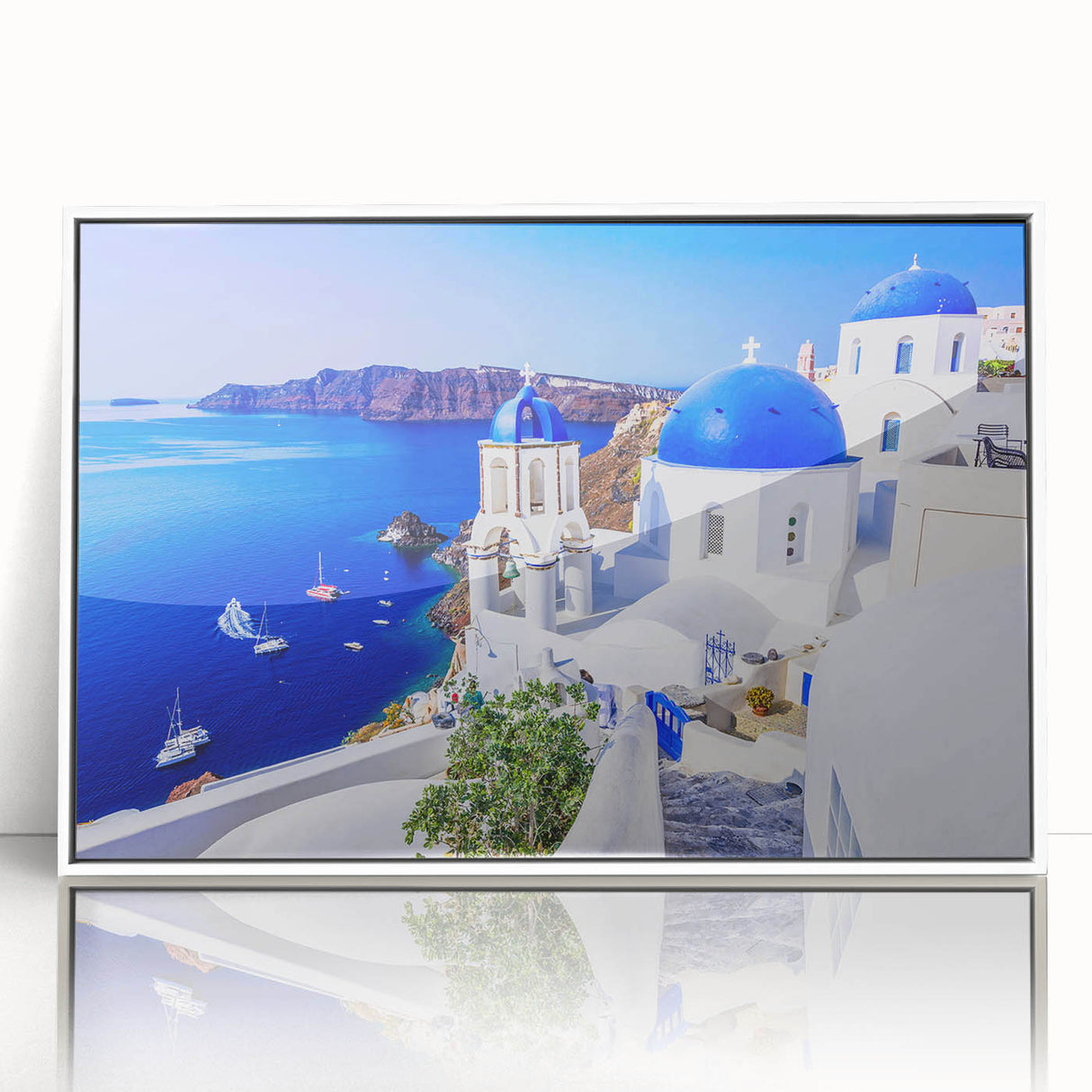 Mid-century modernist art of Santorini with vibrant blue and white tones on a framed acrylic print.