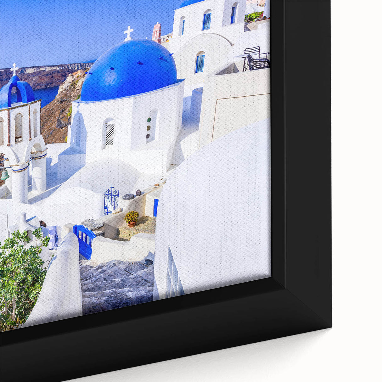 Extra large framed canvas of Santorini with textured black and colorful art, ideal for living room decor.