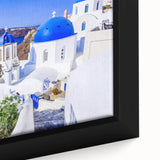 Extra large framed canvas of Santorini with textured black and colorful art, ideal for living room decor.