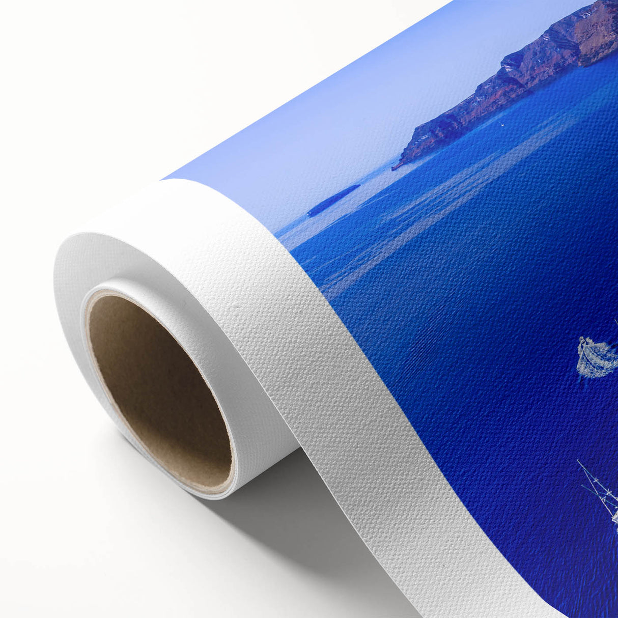 Art Deco poster of Santorini, Greece, in pastel blue and white tones on rolled canvas, ideal for nursery wall art.