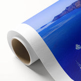 Art Deco poster of Santorini, Greece, in pastel blue and white tones on rolled canvas, ideal for nursery wall art.