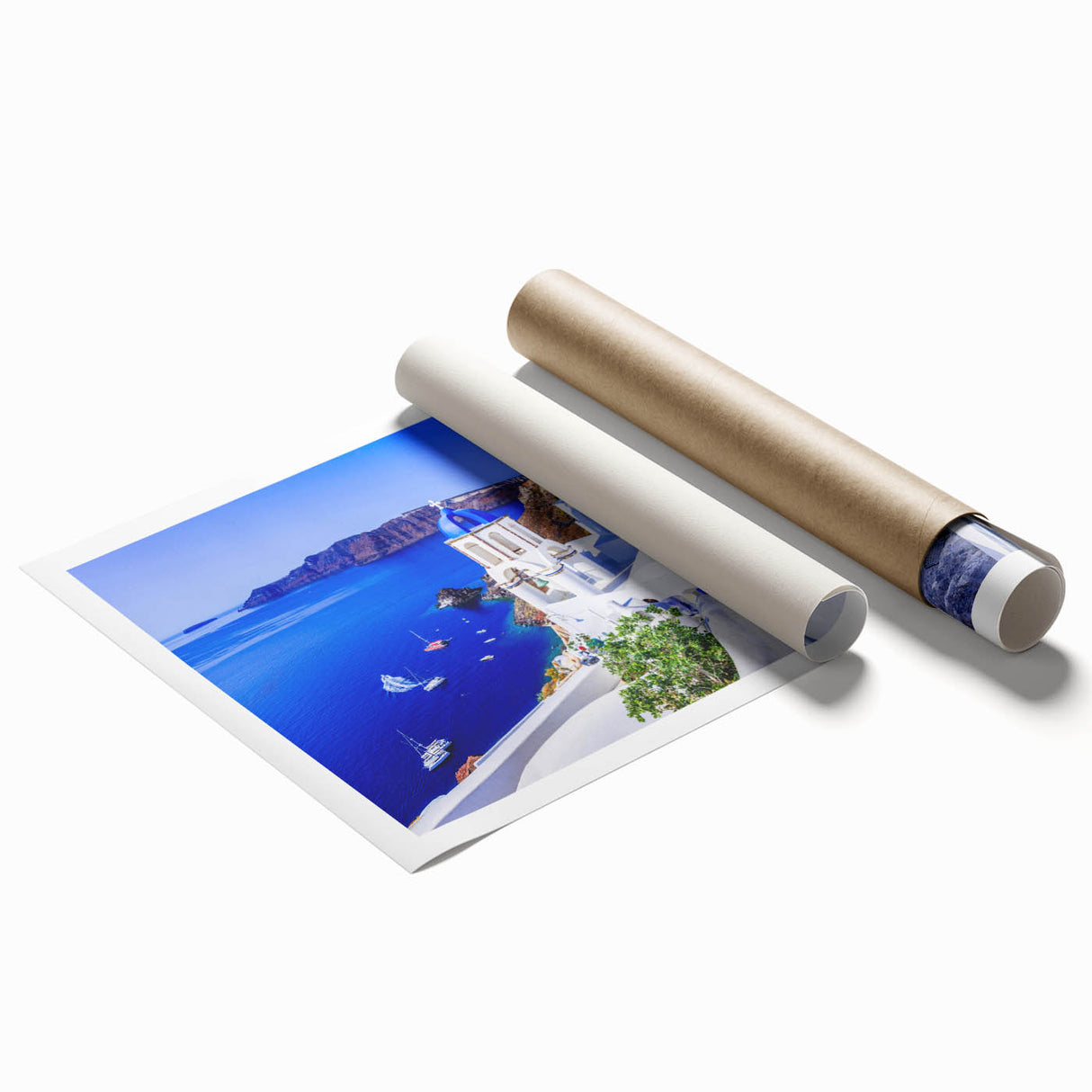 Extra large rolled print of Santorini scenery with white buildings and blue domes, ideal for classy bathroom wall art.