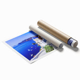 Extra large rolled print of Santorini scenery with white buildings and blue domes, ideal for classy bathroom wall art.