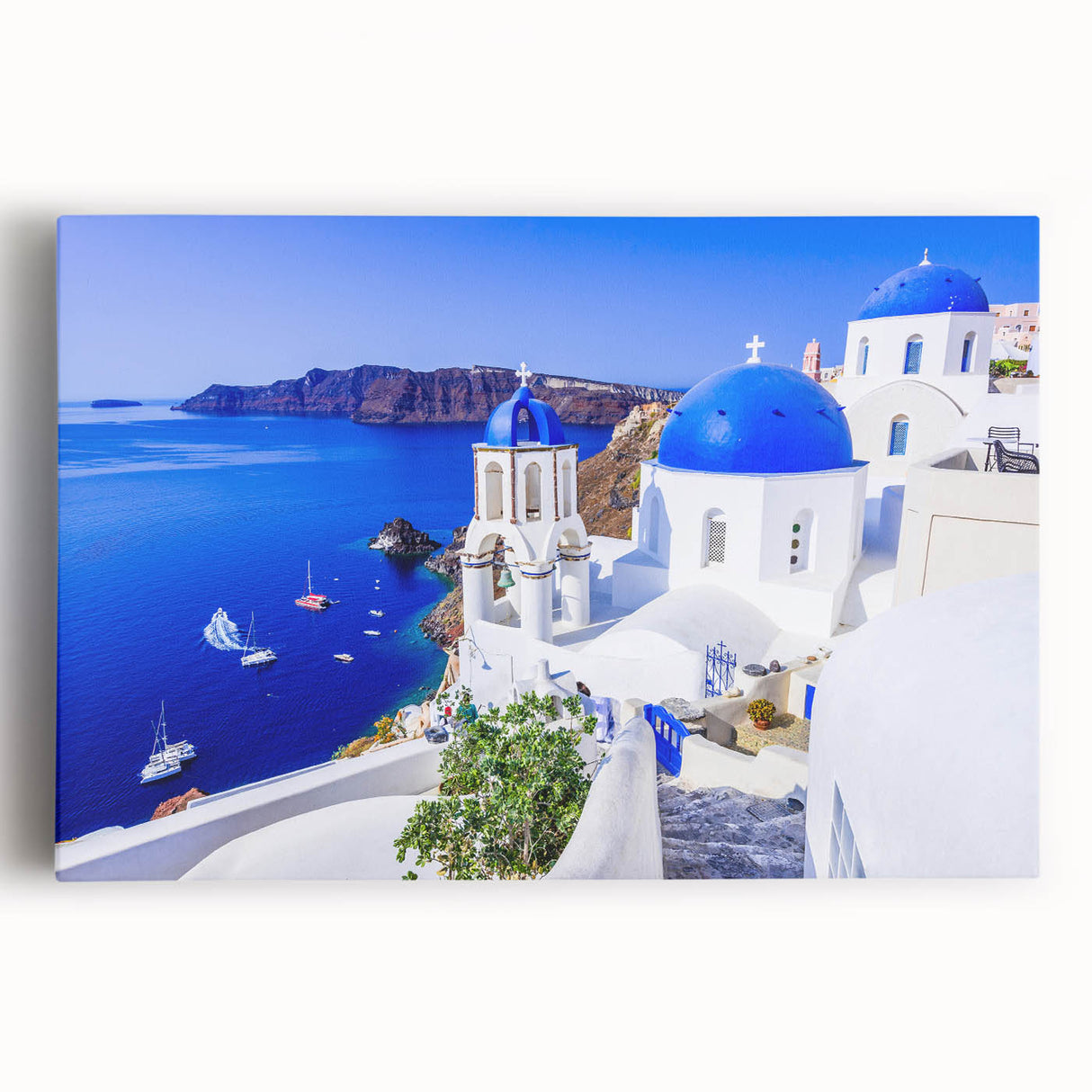Black and white image of Santorini on stretched canvas, ideal for kitchen wall art.