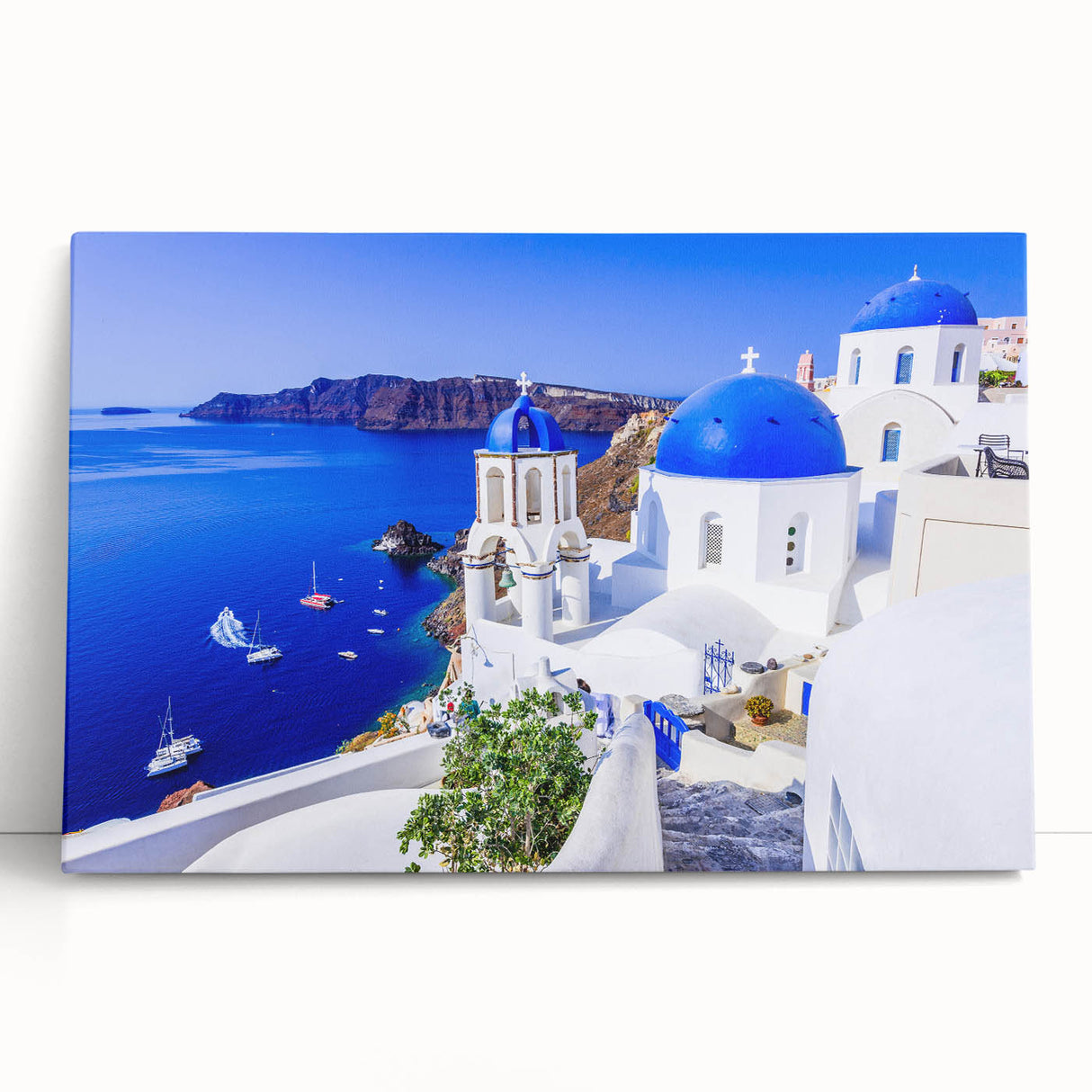 Black and white stretched canvas of Santorini landscape, ideal for kitchen wall art.