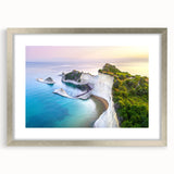 Extra large abstract art print of a European scenery in Greece, featuring textured silver frame and mat.