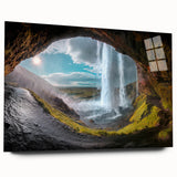 Acrylic print of a serene Icelandic landscape in muted blues and greens, ideal for bedroom or dining room art.