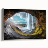 Landscape art painting of a scenic Icelandic view on a framed canvas, featuring muted earth tones and a vintage poster style.