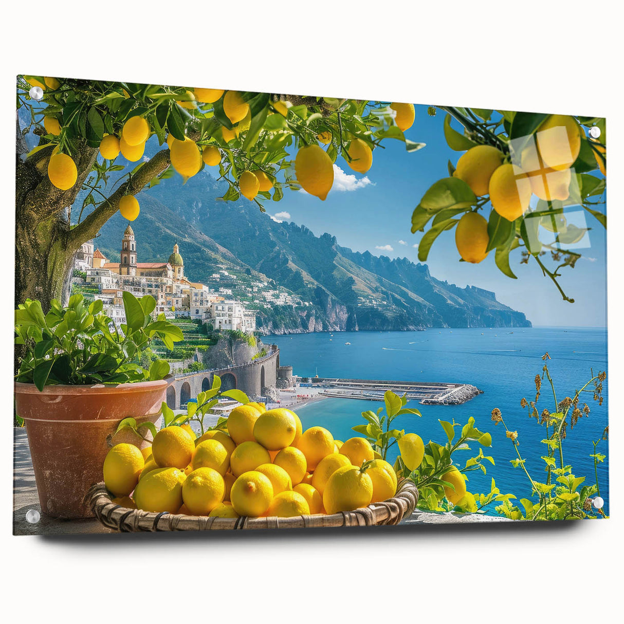 Acrylic print of Amalfi Coast with vibrant blue and pastel buildings, ideal for dining room art.