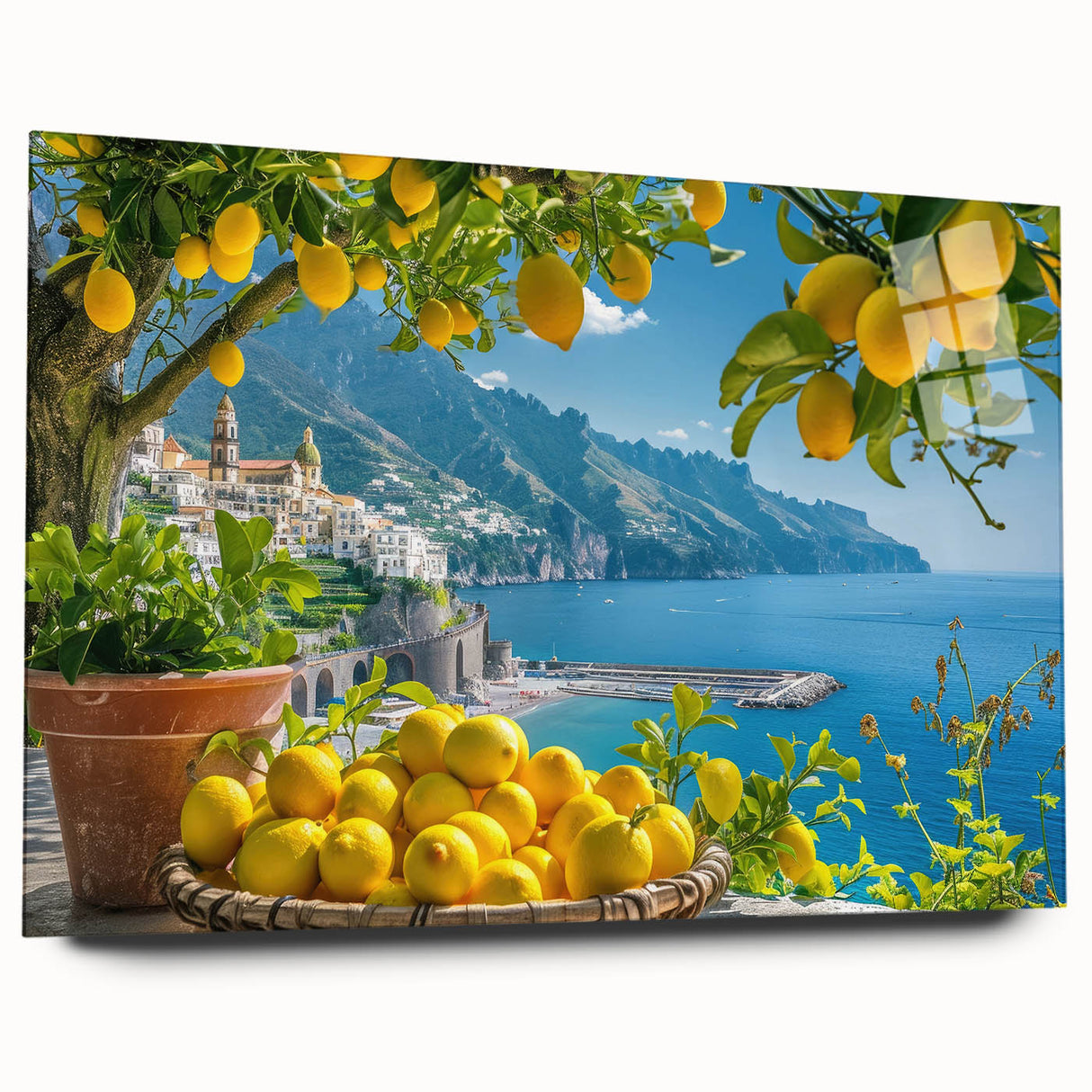 Acrylic print of the Amalfi Coast in vibrant blues and greens, ideal for bedroom or dining room art.