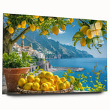 Acrylic print of the Amalfi Coast in vibrant blues and greens, ideal for bedroom or dining room art.