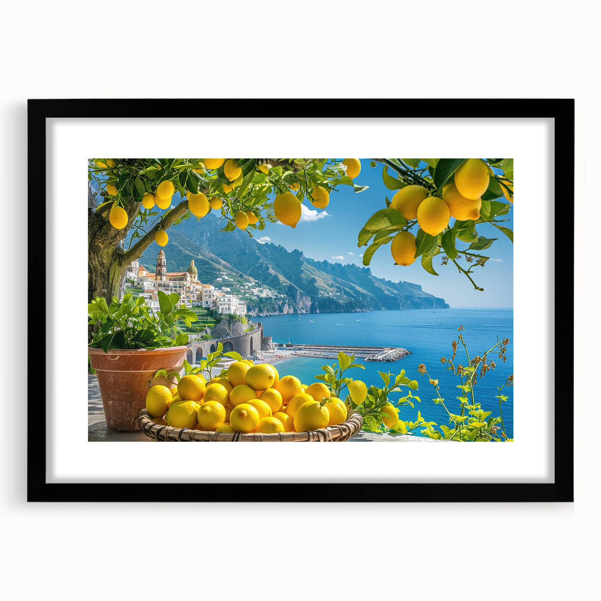 Extra large abstract art print of Amalfi Coast in vibrant colors on textured canvas, framed in black.
