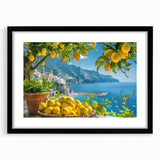 Extra large abstract art print of Amalfi Coast in vibrant colors on textured canvas, framed in black.