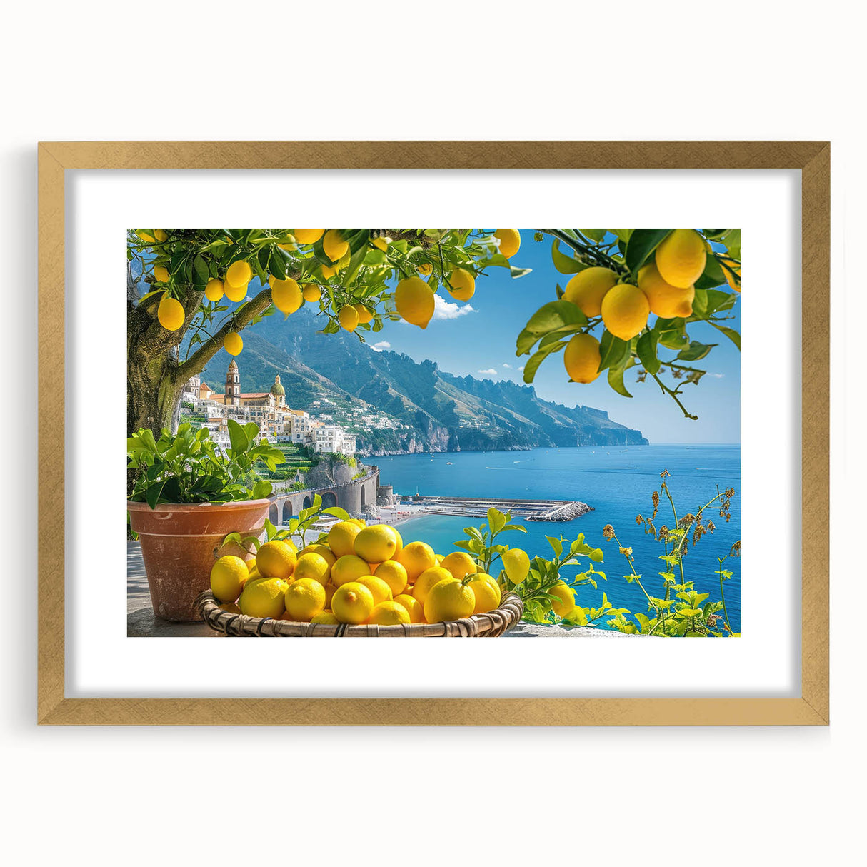 Abstract art print of Amalfi Coast with vivid blue and white tones, framed in gold, suitable for dining room decor.