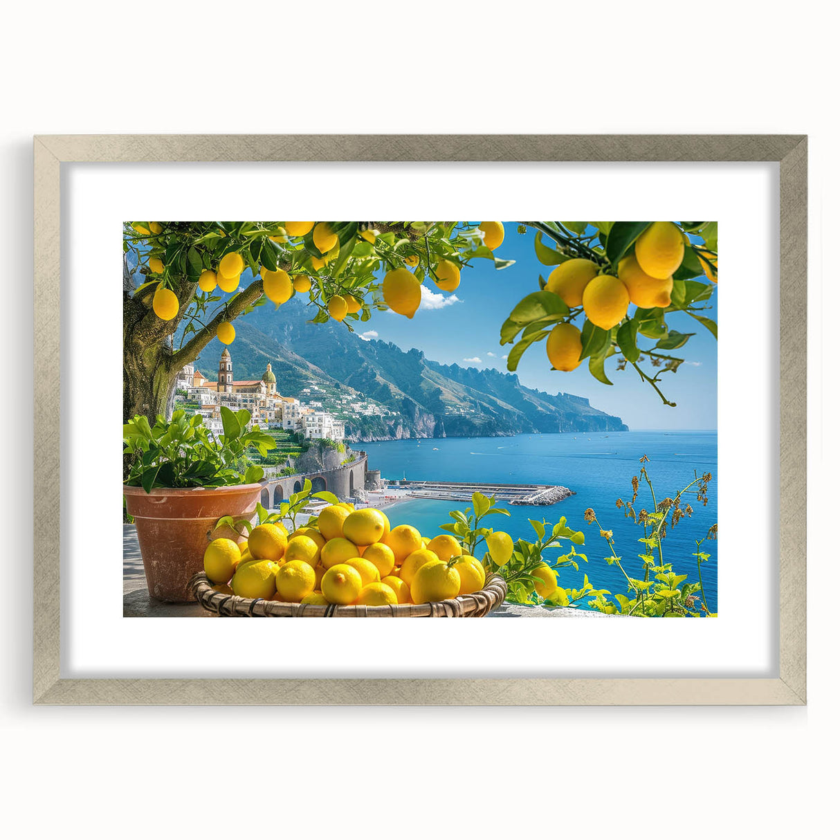 Extra large wall art featuring an abstract rendition of the Amalfi Coast in textured blues and whites, framed in silver.