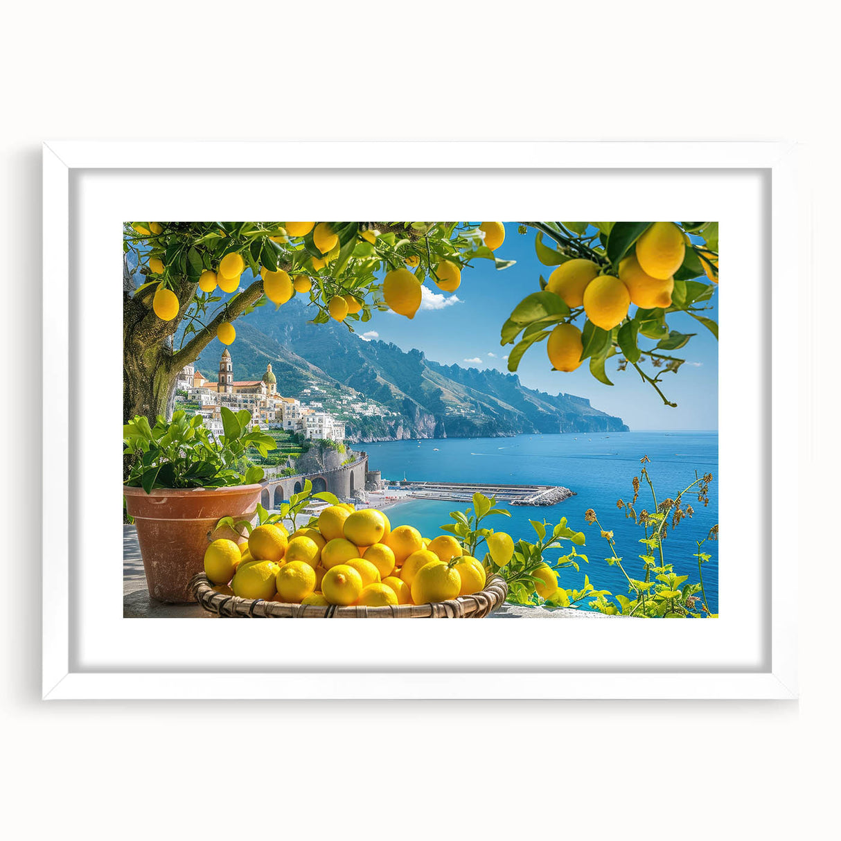 Textured art of Amalfi Coast with abstract art prints in muted earth tones, framed with a white mat, ideal for bedroom art.