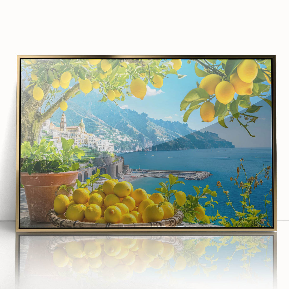 Acrylic print of the Amalfi Coast with vibrant blue and terracotta hues in an art deco style.