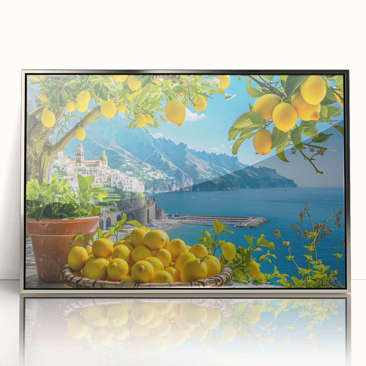 Mid-century modernist acrylic print of Amalfi Coast with muted blue and green tones, framed in silver.