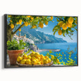 Black and white framed canvas of Amalfi Coast landscape, ideal for bedroom wall art.
