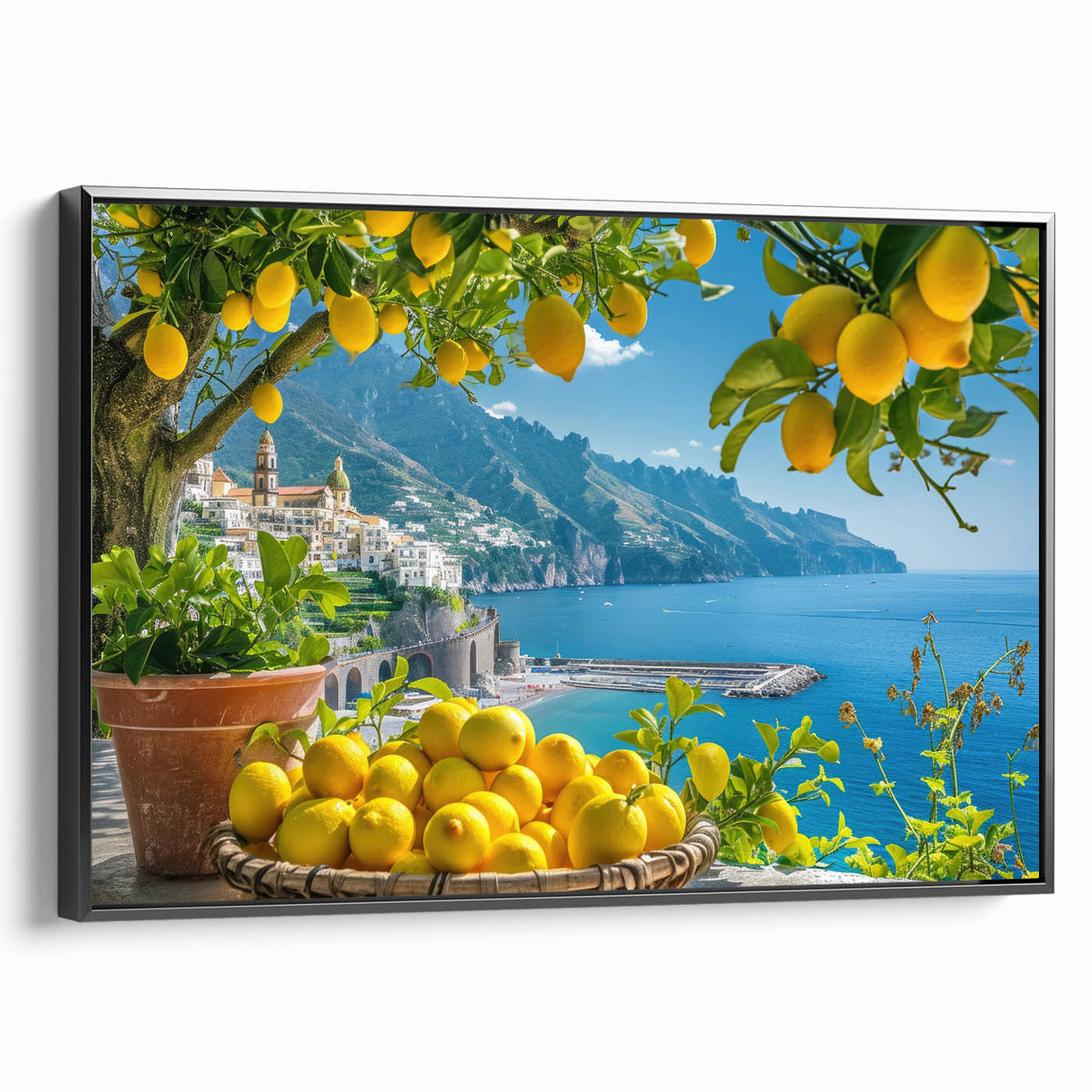 Black and white framed canvas of Amalfi Coast landscape, ideal for bedroom wall art.