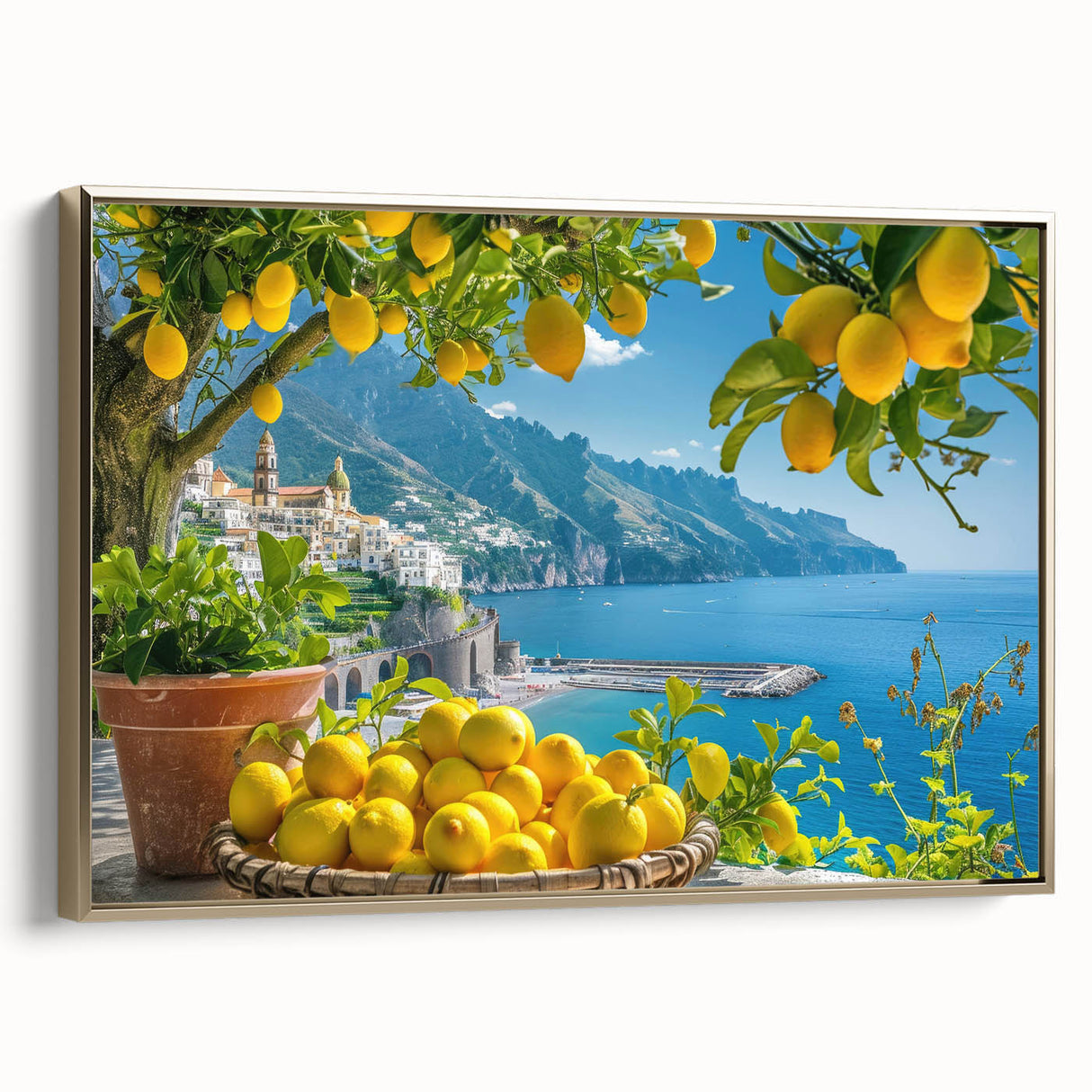 Framed canvas of Amalfi Coast landscape in vintage poster style, featuring muted gold and black tones.