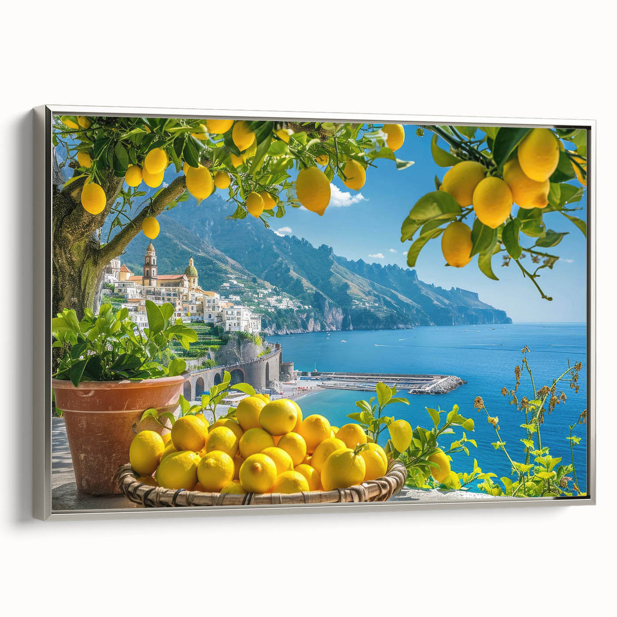 Framed canvas landscape art painting of the Amalfi Coast in vibrant colors, ideal for living room decor.