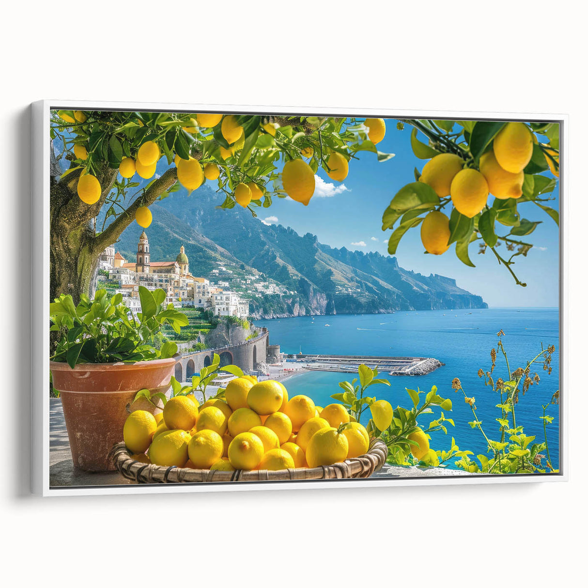Framed canvas of vintage poster art depicting the colorful Amalfi Coast, ideal for extra large living room wall decor.