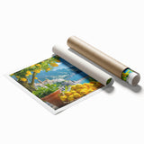 Extra large rolled print of Amalfi Coast scenery with vibrant blue and white tones, ideal for classy bathroom wall art.