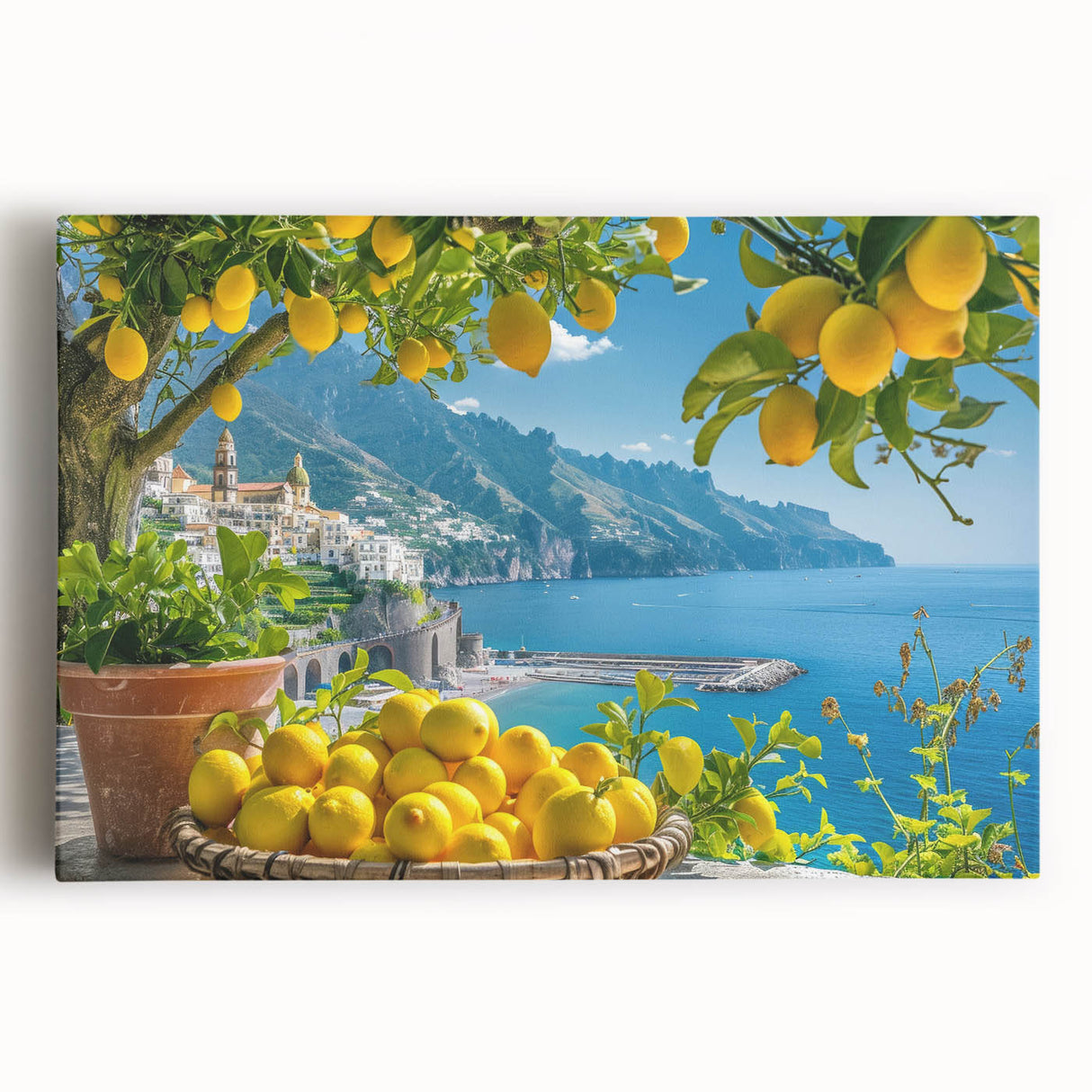 Black and white stretched canvas of the Amalfi Coast, suitable for kitchen wall art.