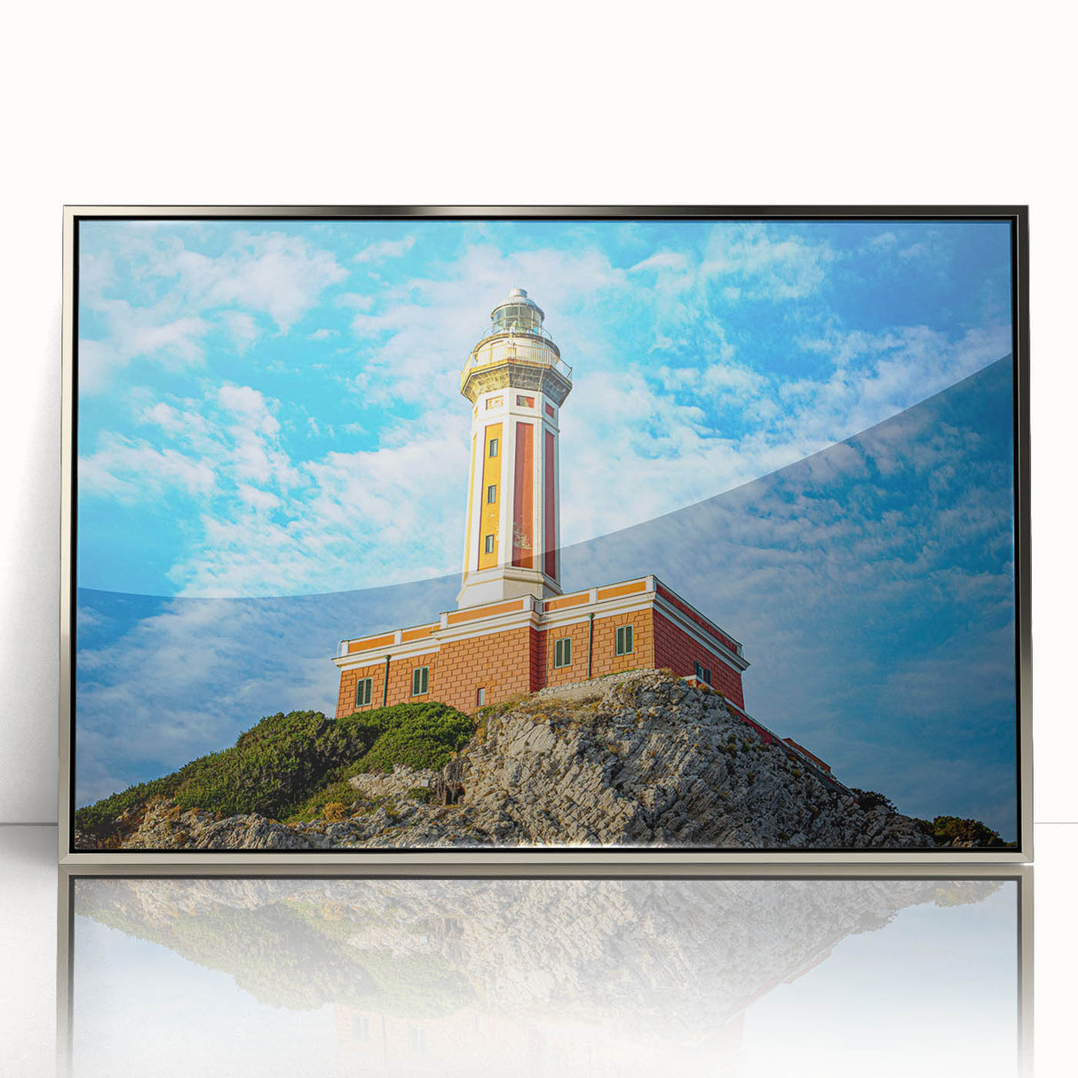 Large art print of Capri, Italy in muted blue tones on framed acrylic, ideal for modern art wall decor.