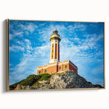Framed canvas depicting a vintage-style landscape of Capri, Italy in muted earth tones, ideal for bedroom wall art.