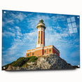 Acrylic glass print of Capri, Italy scenery in vibrant blue and green tones, ideal for dining room decor.