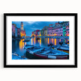Colorful art print of Cinque Terre with textured abstract design, in a black frame, suitable for large living room walls.