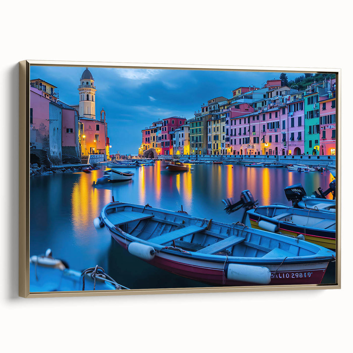 Framed canvas of Cinque Terre with muted gold tones in a vintage poster style, ideal for bedroom wall art.