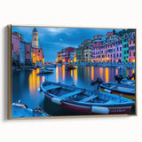 Framed canvas of Cinque Terre with muted gold tones in a vintage poster style, ideal for bedroom wall art.